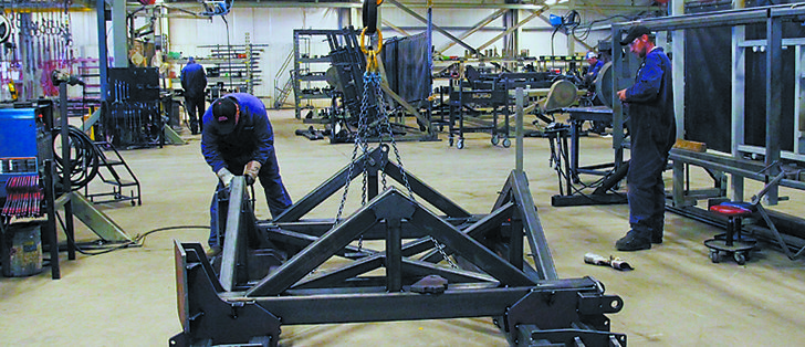 An air cart frame destined for Germany’s Agritechnica farm show is under construction in the Ontario factory | Michael Raine photo