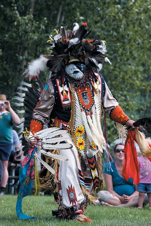 Gene Oulette of Mistawasis First Nation in Saskatchewan dances a sneak-up dance at the bison festival. | Mary MacArthur, photo.