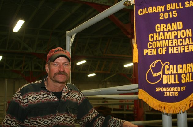 Wes Garrett of Landis, Sask., won the grand champion banner for his pen of five straight bred Hereford heifers at the 115th Calgary bull sale. | Barbara Duckworth photo