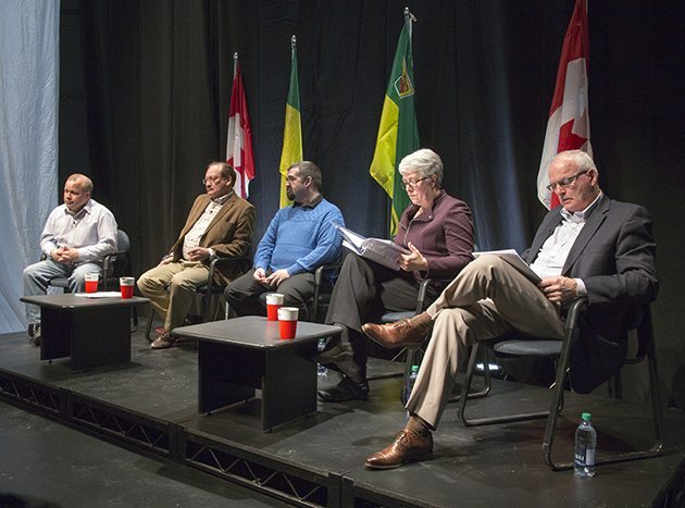 Candidates at the Why Ag Matters Dialogue Left to right: Darrin Lamoureux, Leader of the Saskatchewan Liberal Party; Rick Swenson, Leader of the Saskatchewan Progressive Conservative Party; Ryan Lamarche, Green Party of Saskatchewan; Cathy Sproule, Saskatchewan New Democratic Party Agriculture Critic; Lyle Stewart, Saskatchewan Party Minister of Agriculture. | Robin Booker photo