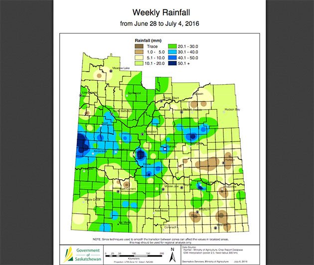 Saskatchewan weekly rain to July 4