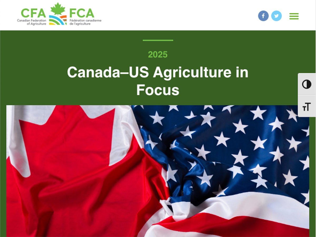A screencap from the Canadian Federation of Agriculture's homepage showing a Canadian flag and an American flag bunched together on a table.