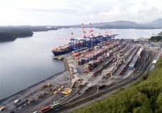 An aerial image of the Port of Prince Rupert with a ship at dockside.