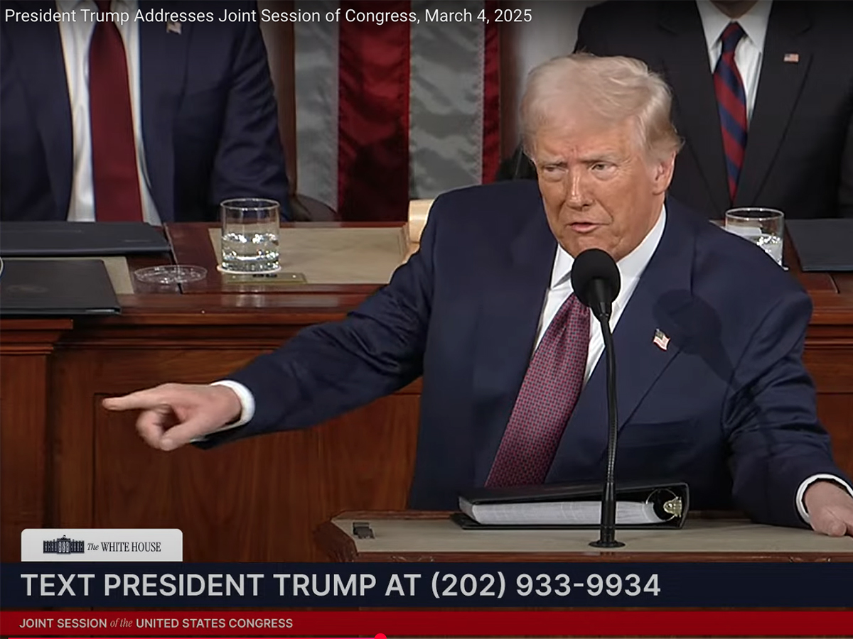 Screencap of U.S. president Donald Trump speaking before a joint session of congress on March 4, 2025.