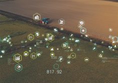 An aerial view of a tractor in a field with a myriad of data points, like temperature, gps co-ordinates and ph, overtop the image.