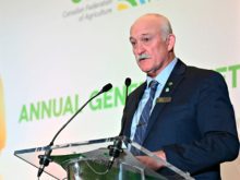 Canadian Federation of Agriculture president Keith Currie addresses delegates at the organizations' AGM last week.