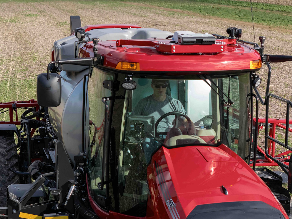 The multi-spectral camera used in the Case IH SenseApply system has six camera lenses calibrated to a different wavelength of light. The cab-mounted camera that can see up to 50 feet ahead of the sprayer and across a 140-foot width to sense crop and field conditions.  |  CNH photo