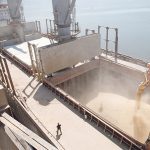 A large bulk container ship is being loaded with grain.