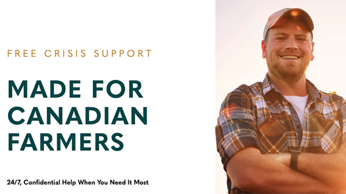 Screencap of a webpage for the National Farmer Crisis Line featuring a young male farmer in a ball cap smiling with his arms crossed.