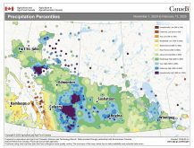 An Agriculture Canada map of percentage of normal precipitation amounts across the Prairie provinces.