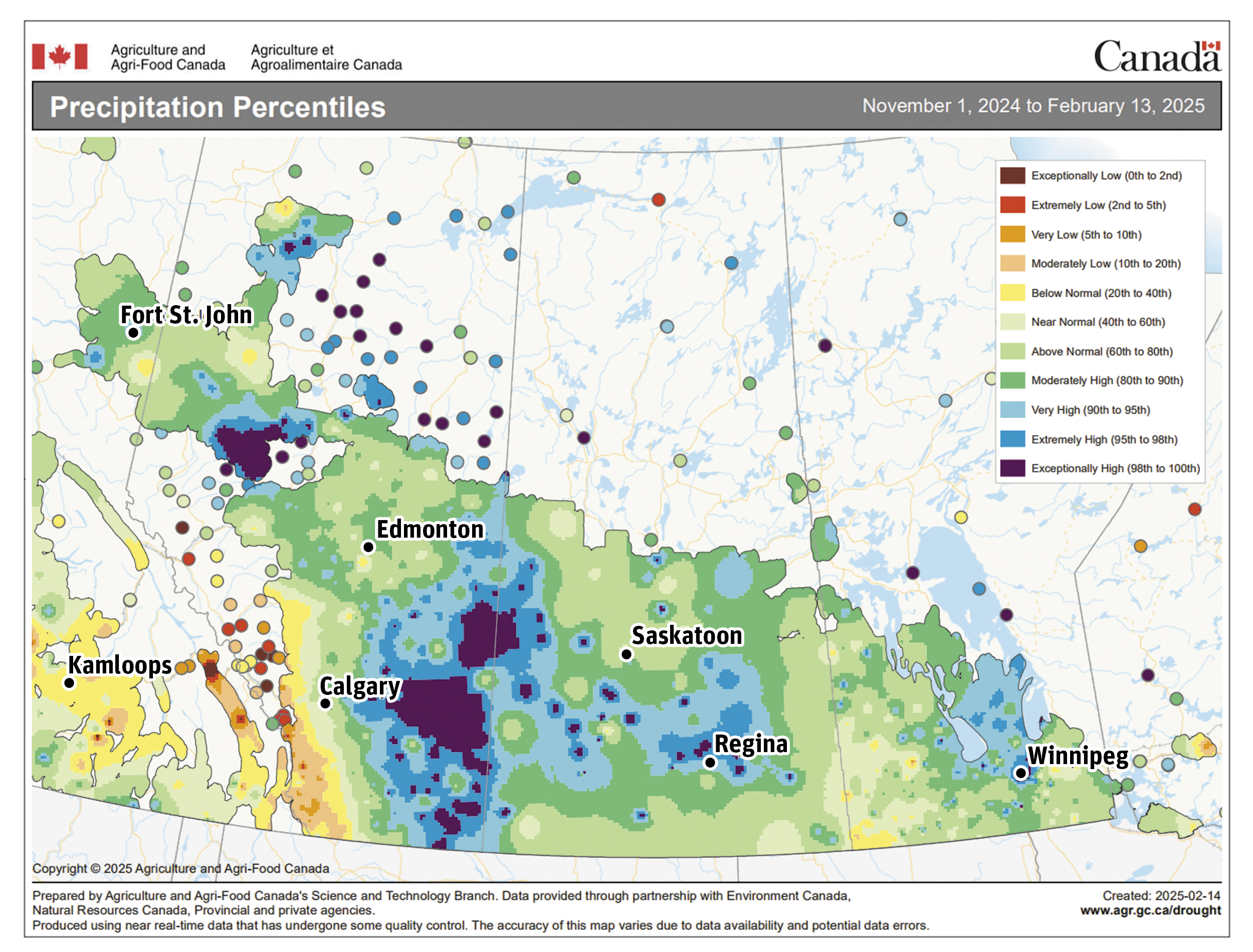 An Agriculture Canada map of percentage of normal precipitation amounts across the Prairie provinces.