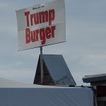 A picture of a "Trump Burger" sign at a U.S. farm show.