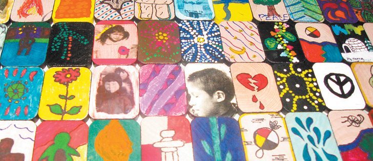 The Project of Heart educational toolkit focuses on the Indian residential school experience and includes an art collection of wooden tiles.  |  Project of Heart photo