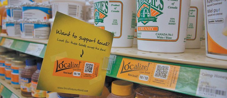 Food products on the shelves of the Sobeys grocery store in Camrose, Alta., brought in as part of the Localize Your Food project. The project helps consumers recognize local food in their grocery stores with shelf tags and scanners.  |  Mary MacArthur photo