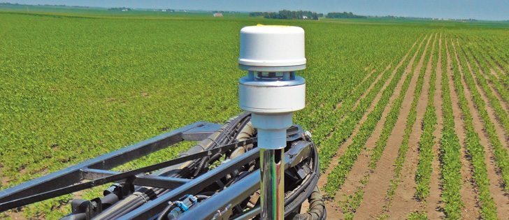The Airmar WeatherStation, a localized weather sensor that attaches to the sprayer, feeds data to the Airmar global system, which analyzes overall weather patterns for a specific area.  |  John Deere photo