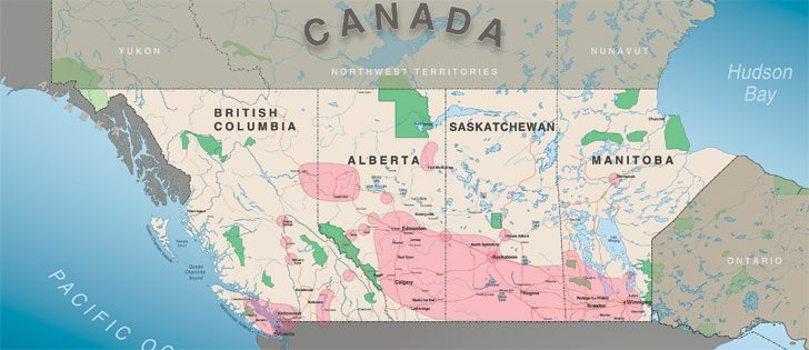 Pink areas on the map indicate RTK visual reference station coverage areas provided by the Can-Net system.  |  David Janssen Illustration
