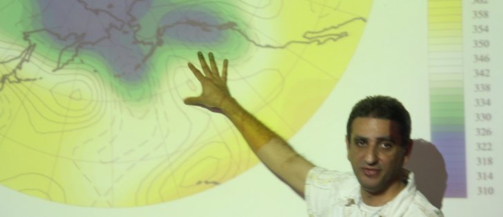 Eyad Atallah, a post-doctoral fellow at McGill University, explains the significance of the Pacific North American pattern in predicting prairie drought. Atallah spoke at the University of Lethbridge.  |  Barb Glen photo