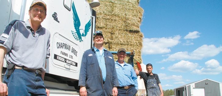 Darren, left, farms with his brother Parry, cousin Rob Chapman and Rob’s brother-in-law, Jeff Elliott. Chapman Bros. Farms is a complex operation, with 12,000 acres of cropland, a 500 head cow-calf operation and a forage export business. Chapman Bros. Farms was named the Red River Exhibition Farm Family of the Year in 2010. |  Robert Arnason photo