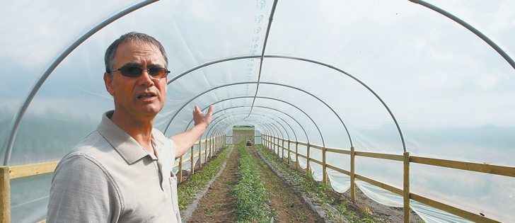 Brian Rozmahel shows off his homemade greenhouse on his Viking, Alta., farm. Rozmahel has planted 9,000 strawberry plants, 3,800 trees and two acres of vegetables. He hopes within three years the town can attract residents and create an eco village.  |  Mary MacArthur photo