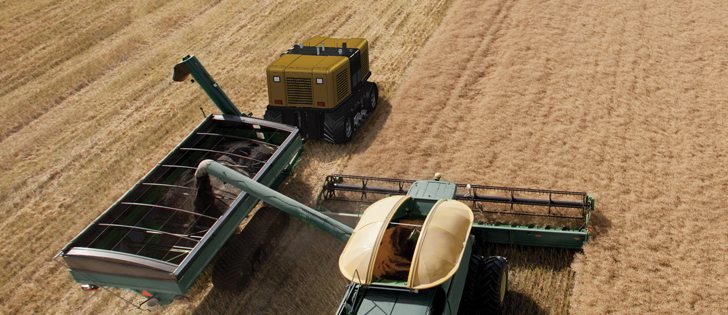The Autonomous Tractor is a driverless slave power unit. The operator controls it with accuracy down to a fraction of an inch from the master tractor, combine or truck.  |  ATC Illustration