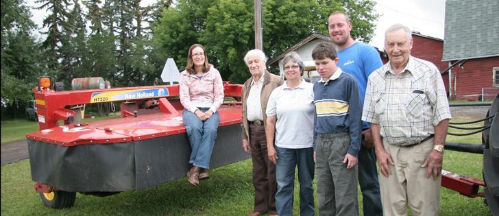 Eric Longeway’s family has farmed in the Springbank district west of Calgary for 100 years. Well known as a Jersey dairy, the farm now produces hay and livestock. Each generation actively farms. On the left, Danielle Lee, Gerald Longeway, Debbie Lee, Jeff Lee, grandson Eric Longeway and patriarch Eric Lee. The family was most recently named master farm family by the County of Rocky View.  |  Barbara Duckworth photo
