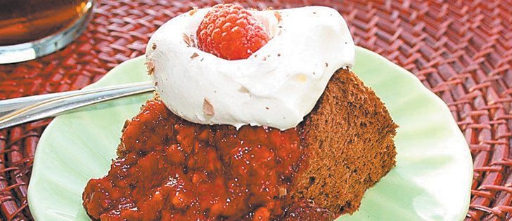 Chocolate angel cake with raspberry sauce makes a light but satisfying dessert.  |  Jodie Mirosovsky photo