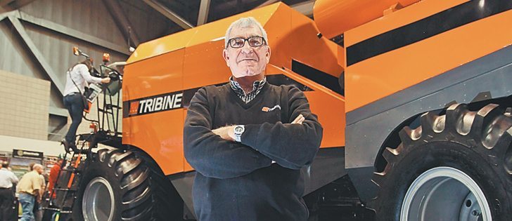 Ben Dillon of Tribine Industries holds 12 patents for his articulated harvesters and brought his latest version to Ag Connect and the U.S. Custom Harvesters Association meeting to garner opinions about his invention and find a manufacturer that will put it into production.  |  Michael Raine photo