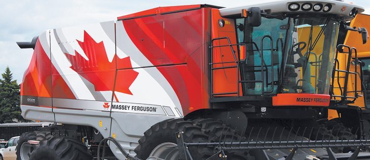 Massey Ferguson unveiled a new 9560 axial combine wrapped in a Canadian flag at the Western Canada Farm Progress show in Regina last year. The concept has caught on.  |  File photo
