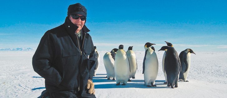  Ray Glasrud experienced his own march of the penguins when a group of Emperor Penguins unabashedly approached him at McMertal Sound. “When they’re walking on the surface they seem to be completely oblivious to any kind of predator. They’re just naturally curious. They came up to me and did a lot of displaying as if I was someone new joining their group. They’re tremendously humorous. I could watch them for hours.” |  Ray Glasrud photo