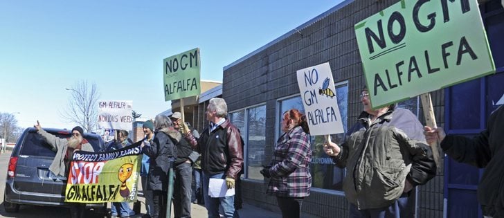 About 20 farmers and their supporters gathered during the noon hour April 9 outside federal agriculture minister Gerry Ritz's constituency office in North Battleford. It was part of a cross-country event that saw the NFU and the Canadian Biotechnology Action Network rally against the possible introduction of GM alfalfa in Canada. | William DeKay photo