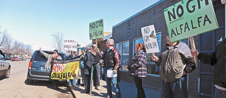 Opponents of biotechnology, such as these recently protesting against GM alfalfa, continually ignore the proven benefits of modern agriculture, says CropLife Canada president Lorne Hepworth. |  File photo