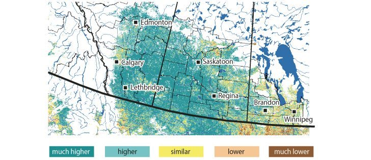 Satellite images are used to create vegetation index maps, which show crop and stubble conditions compared to normal. Recent maps show lush crops across most of the Prairies. 
Normalized difference vegetation index (NDVI), July 8-14, compared to normal. | Source: Statistics Canada Crop Condition Assessment Program  |  Michelle Houlden graphic