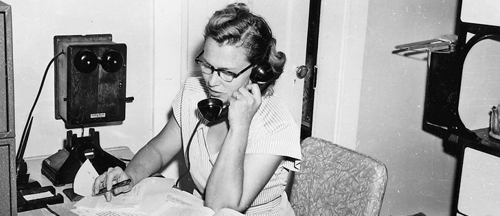Emmie Oddie tracks down answers to readers’ questions at her farm house at Milestone, Sask. (circa 1950). |  Oddie family photo
