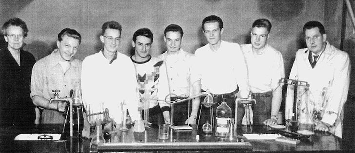Teachers Dora Edwards, left, and Hugh McCall, right, instructed high school students in the science lab around 1947.  |  East Coulee School Museum photos