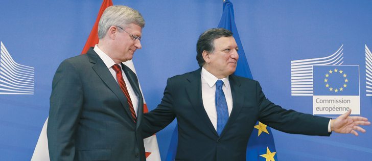 European Commission president Jose Manuel Barroso welcomes prime minister Stephen Harper ahead of a meeting at the EU Commission headquarters in Brussels Oct. 18. The European Union and Canada are expected to close talks on a multibillion dollar trade deal that will integrate two of the world’s biggest economies if they can overcome disagreements ranging from medicine patents to feta cheese.  |  REUTERS photo / Francois Lenoir