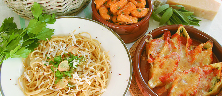 Clockwise from left: Spaghetti aglio e olio, sweet potato gnocchi and stuffed pasta shells are family favourites.  |  Sarah Galvin photos