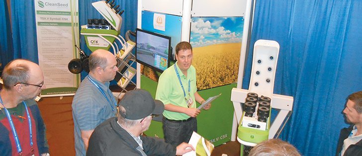 Mark Tommasi of Clean Seed Capital Group explains to farmers at Agri-Trend’s FarmForum Event in Saskatoon how the CX-6 seeder works.  |  D’Arce McMillan photos