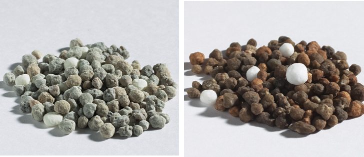 LEFT: Rather than using a liquid to make material stick to the prill,  DDP (Dry Dispersible Powder) uses a positive electro-static charge on the micronutrient, which bonds it to the negatively charged fertilizer granule. Goodwin says this prevents the blend from ever becoming a goop.

RIGHT:  One of the problems with conventional micronutrients is that they are often formulated as large chunks. The larger the granule, the more difficult it is to achieve uniform distribution in the soil.  |  WolfTrax photos