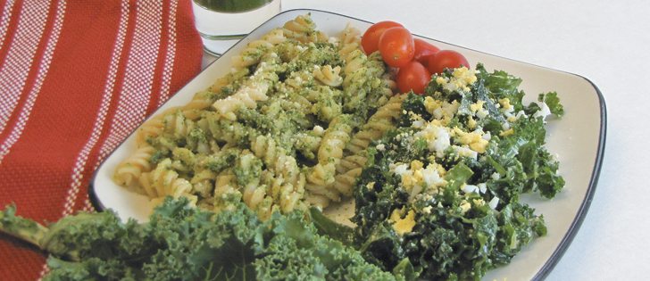 Lunch is green with kale juice, caesar slaw, and pasta with kale pesto.  |  Betty Ann Deobald photo