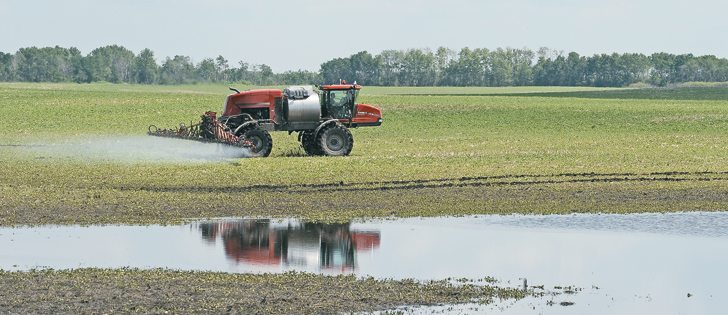 While flood waters continue to pour onto his land, Cortney Solonenko of Tonkin, Sask., finds the high ground to spray for weeds on his canola fields July 3. Producers were facing a compressed spraying season before recent rains, but experts suggest keeping a lid on speed where possible.  |  William Dekay photo