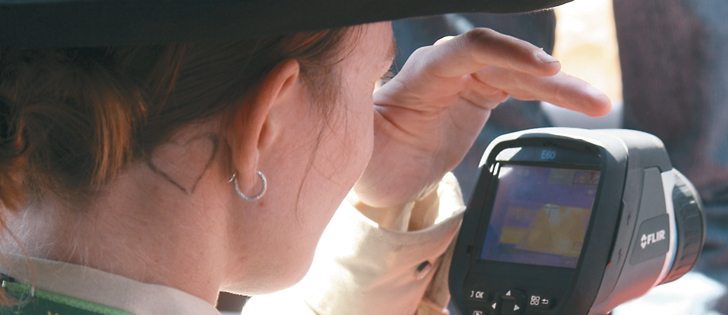 Christy Goldhawk uses an infrared thermography unit to check heat levels around the eyes of horses and bulls. The higher the body temperature, the greater the level of stress the animal is experiencing.  |  Barbara Duckworth photo