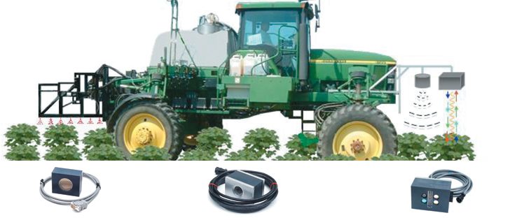 Top: Plant-by-plant sensing of fertilizer needs and weed control at nine m.p.h. has moved from science fiction to science fact.  |  Texas A&M Illustration
Left to right: An ultrasonic distance sensor is used to measure the height of the crop relative to the applicator’s booms. The sensor in the middle is a mass flow sensor that measures rates of application. Measuring more than one factor of a plant’s health, multi-spectral optical sensors such as the one at right use modulated LED light sources and can measure light reflecting back from a plant leaf in four wavebands. These include blue, green, red and near infrared bands.  |  Texas A&M photos