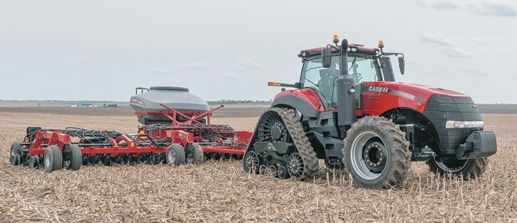 The new Rowtrac 340 and 380 has tires on the front to allow turns without ridging and tracks on the back for good traction and flotation.  |  Case photo