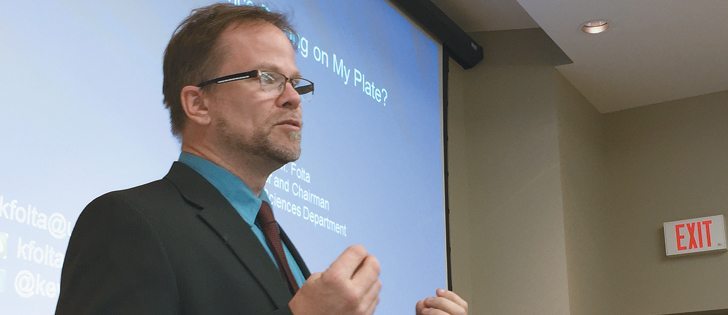Kevin Folta spoke about the challenges of finding correct information about GMOs and agriculture innovations.  |  Ed White photo