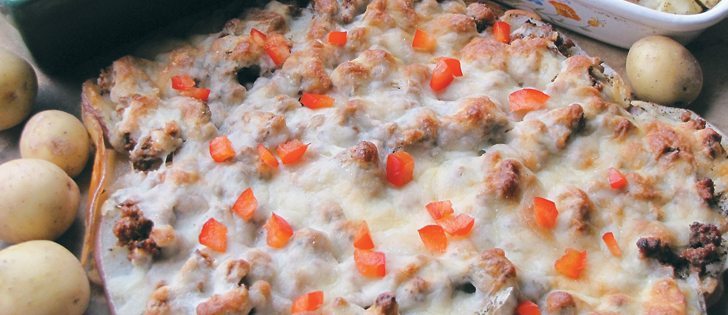Potatoes are used to create a gluten free crust for pizza, while turkey bacon added to potato soup lowers the fat compared to regular pork bacon and adds flavour. Creamer size or baby potatoes are roasted for a lower fat version of poutine.  |  Betty Ann Deobald photo