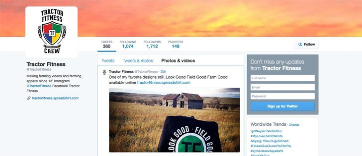 Adam Fullerton, creator of Tractor Fitness, started out doing goofy videos in the tractor. It has grown to include a FaceBook, Twitter and Instagram page and a clothing line.  Hats and shirts sport “How’s your bin?” and “Look good, Feel good, Farm good.” 
|  Twitter photo