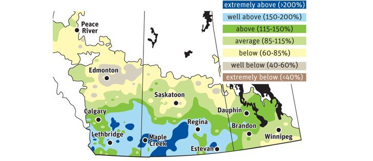 Although some parts of the Prairies saw rainfall drop as the growing season concluded, many regions saw up to 200 percent of normal precipitation in 2014. Saskatchewan's Water Security Agency says saturated regions, particularly the southwest and east-central, should prepare for potential spring flooding. The amount of snow pack and rate of spring melt will be critical factors. | Source: National Agroclimate Information Service (NAIS) - Michelle Houlden graphic