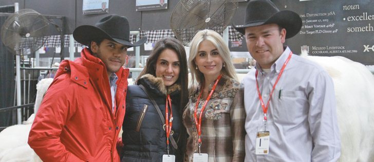 Rafael Ramirez, left, Karla Fernandez, Jessica Hernandez and Julio Gonzales travelled from Mexico to buy cattle at Farmfair in Edmonton.  |  Mary MacArthur photo