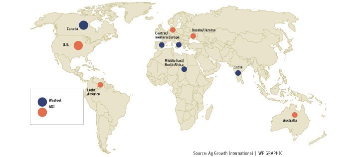 Going into this deal, AGI sales were mostly outside of Canada, whereas 83 percent of Westeel’s business was domestic. Once the deal closes, the new AGI will have a bigger presence in Canada thanks to the Westeel line. It will also benefit from Westeel’s business in southern Europe, North Africa and India. | WP graphic