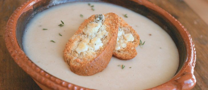 Make the right amount of this roasted garlic and shallot potato soup with cheesy croutons because it doesn’t freeze well.  |  Sarah Galvin photo